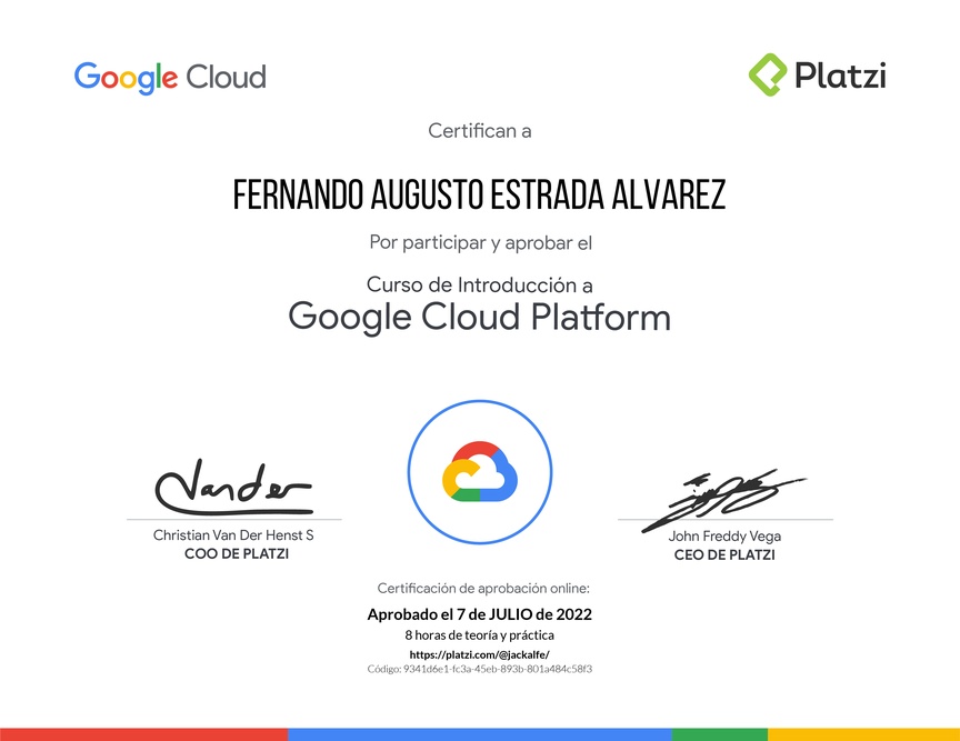 Diploma del Curso de Introducción a Google Cloud Platform