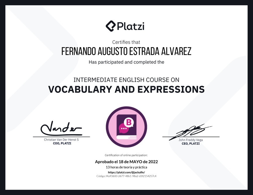 Diploma del Curso Intermedio de Vocabulario y Expresiones en Inglés