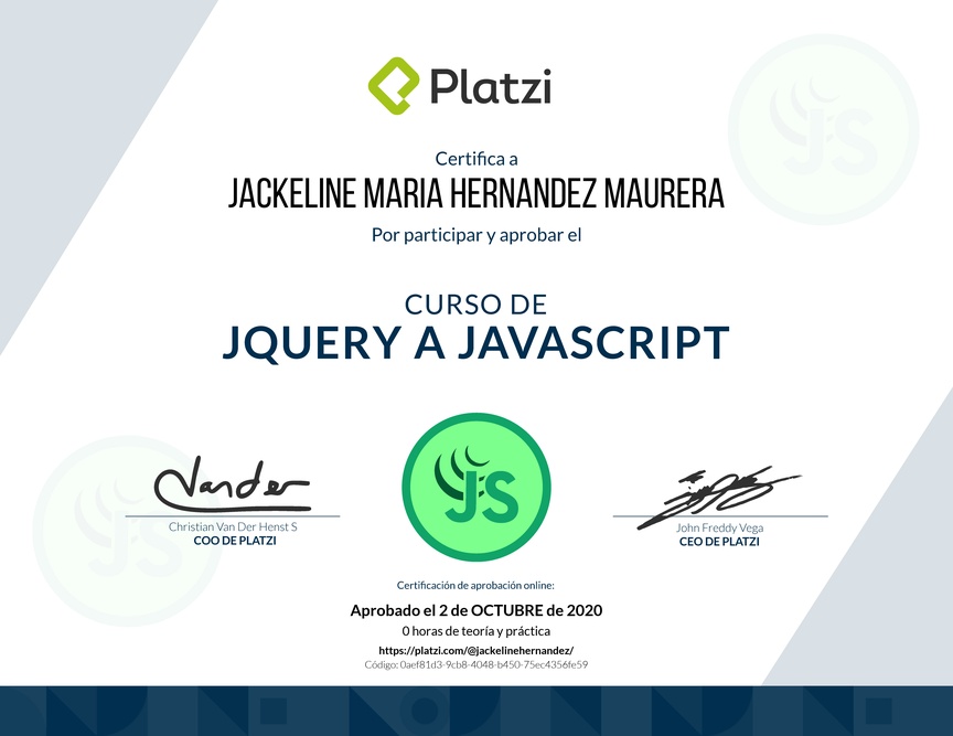 Diploma del Curso de jQuery a JavaScript 2018