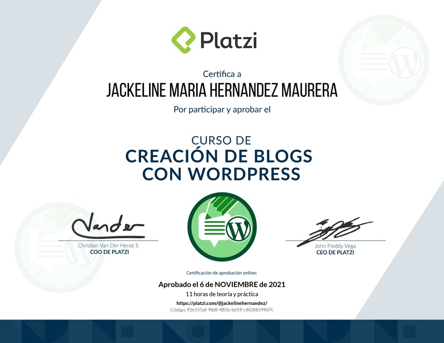 Diploma del Curso de Creación de Blogs con WordPress