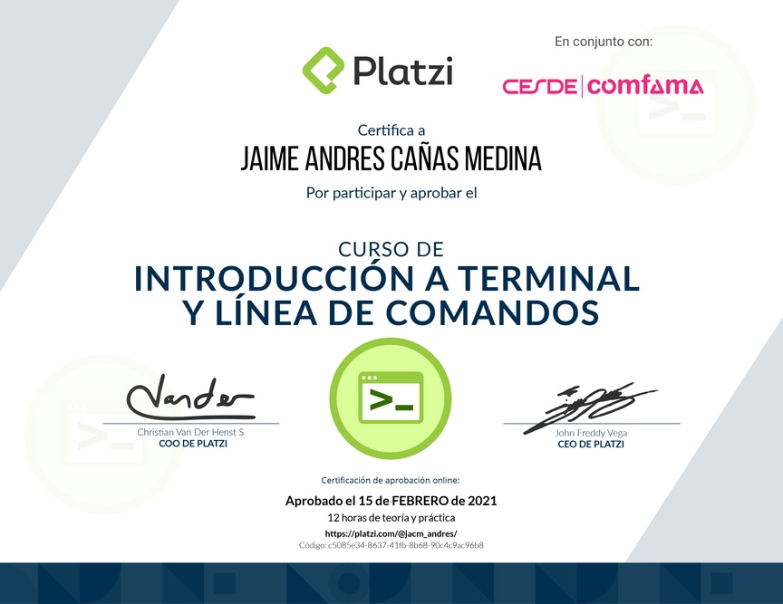 Diploma del Curso de Introducción a la Terminal y Línea de Comandos 2019