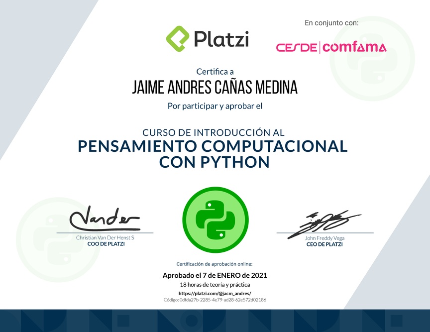 Diploma del Curso de Introducción al Pensamiento Computacional con Python