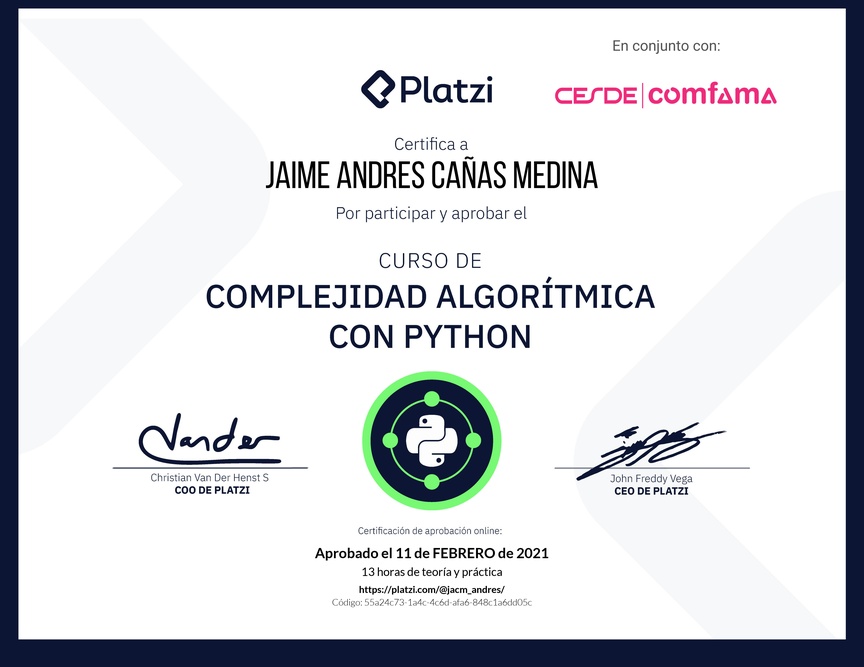 Diploma del Curso de Complejidad Algorítmica con Python