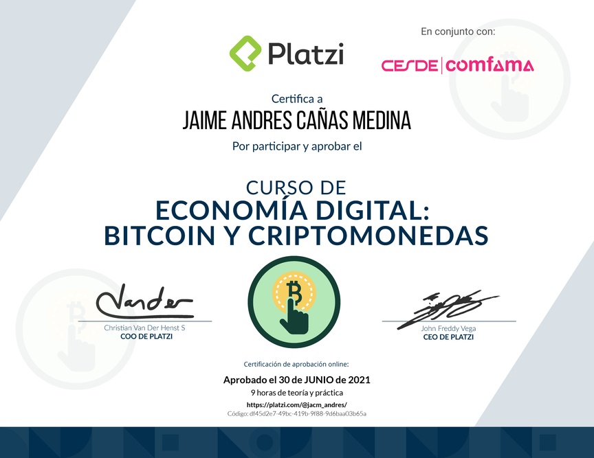 Diploma del Curso de Lectura Economía Digital: Bitcoin y Criptomonedas