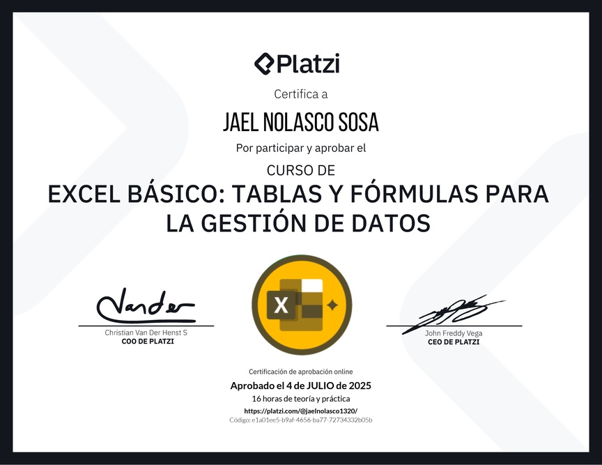 Diploma del Curso de Excel Básico: Tablas y Fórmulas para la Gestión de Datos