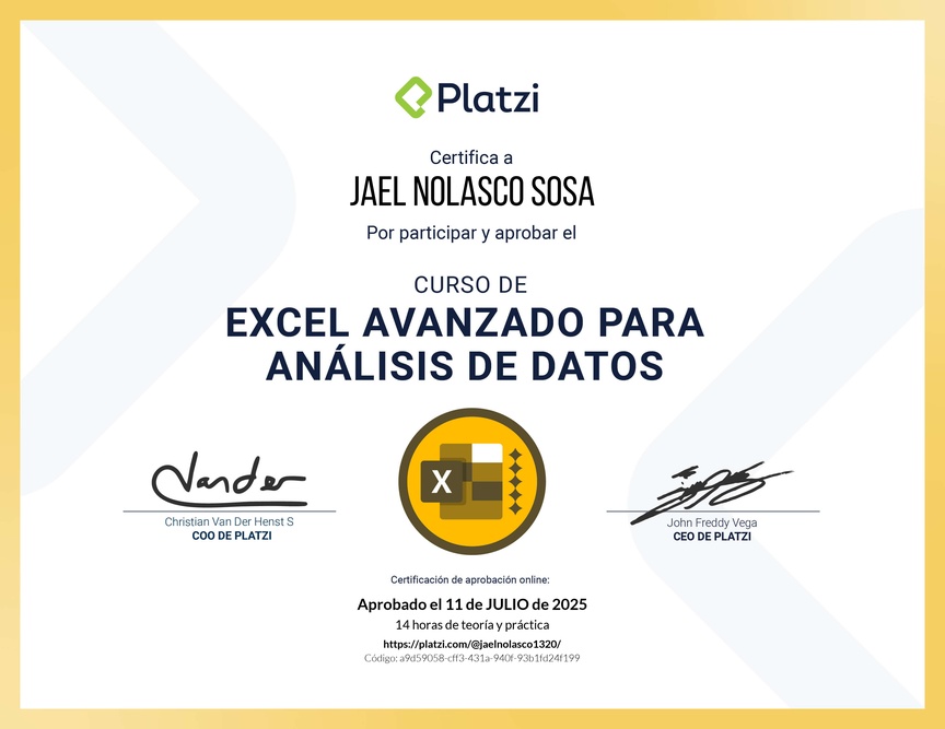 Diploma del Curso de Excel Avanzado para Análisis de Datos