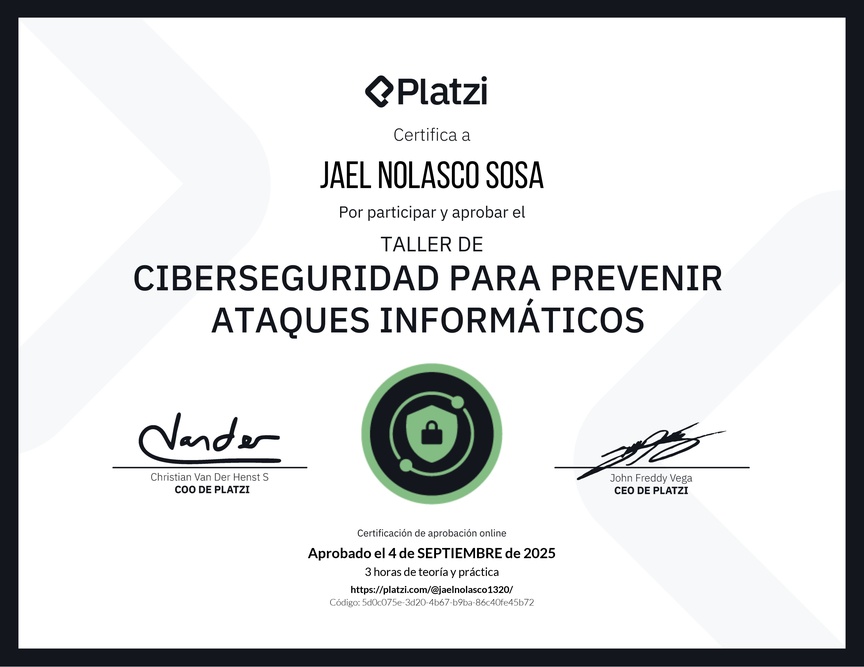 Diploma del Curso de Introducción a Ciberseguridad: Prevención de Ataques Informáticos
