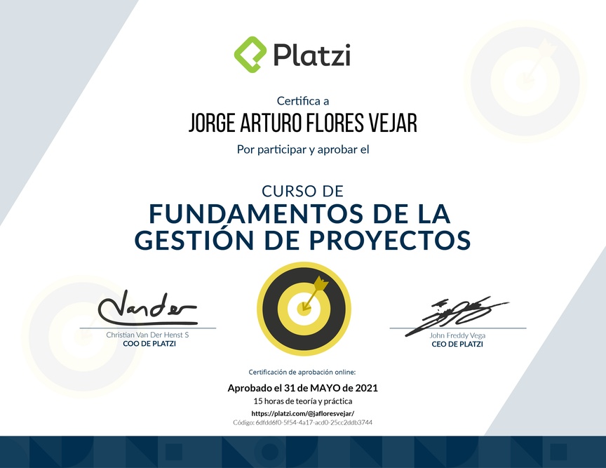 Diploma del Curso de Fundamentos de Gestión de Proyectos 2019