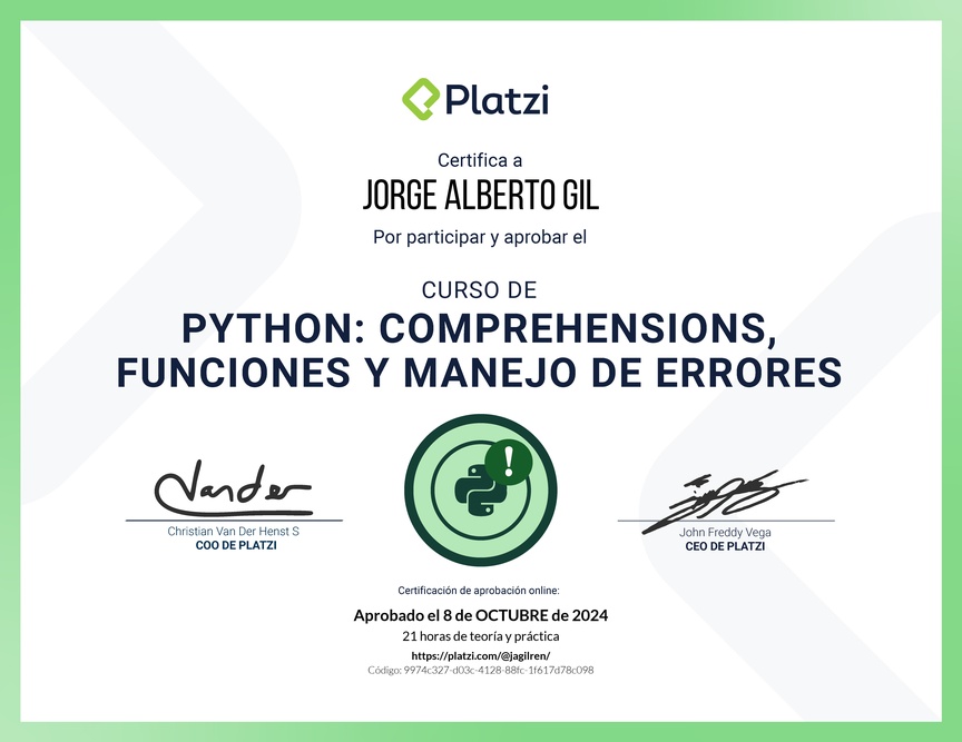 Diploma del Curso de Python: Comprehensions, Funciones y Manejo de Errores