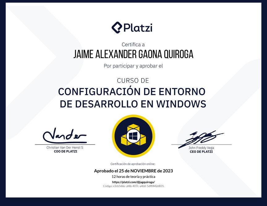 Diploma del Curso de Configuración de Entorno de Desarrollo en Windows