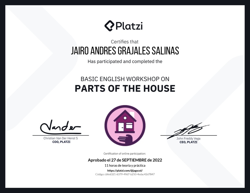 Diploma de Taller de Inglés Básico sobre las Partes de la Casa (2022)