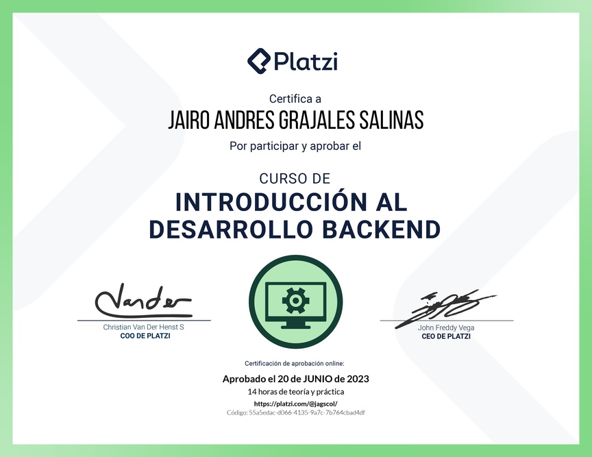 Diploma del Curso de Introducción al Desarrollo Backend