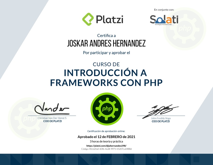 Diploma del Curso de Introducción a Frameworks de PHP