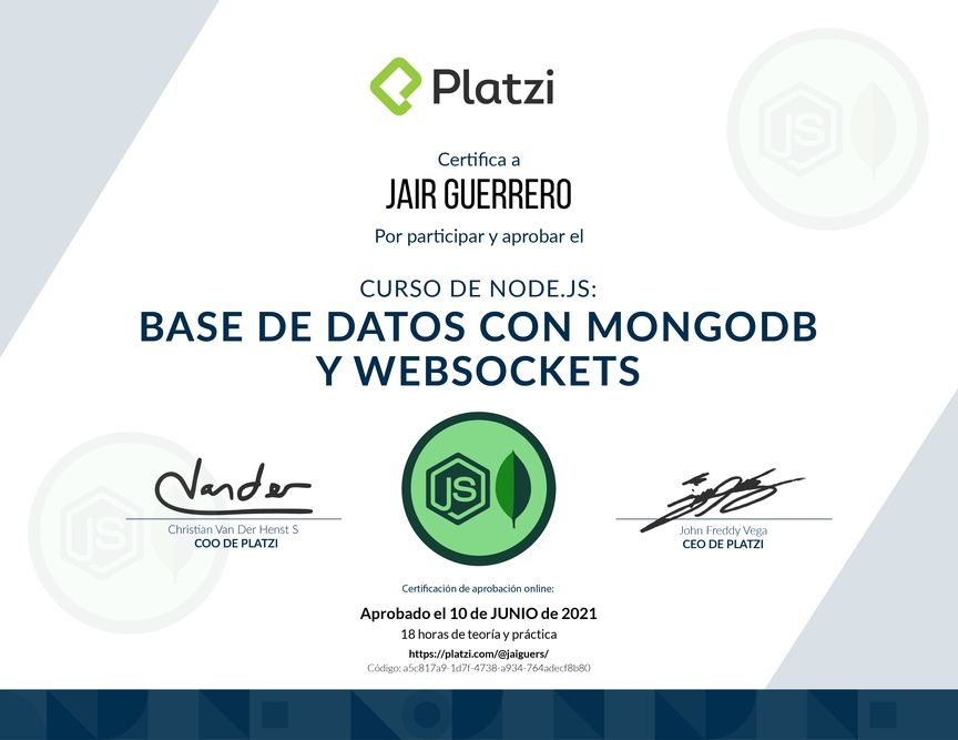Diploma del Curso de Node.js: Base de Datos con MongoDB y WebSockets