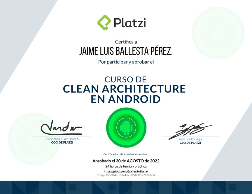 Diploma del Curso de Clean Architecture en Android
