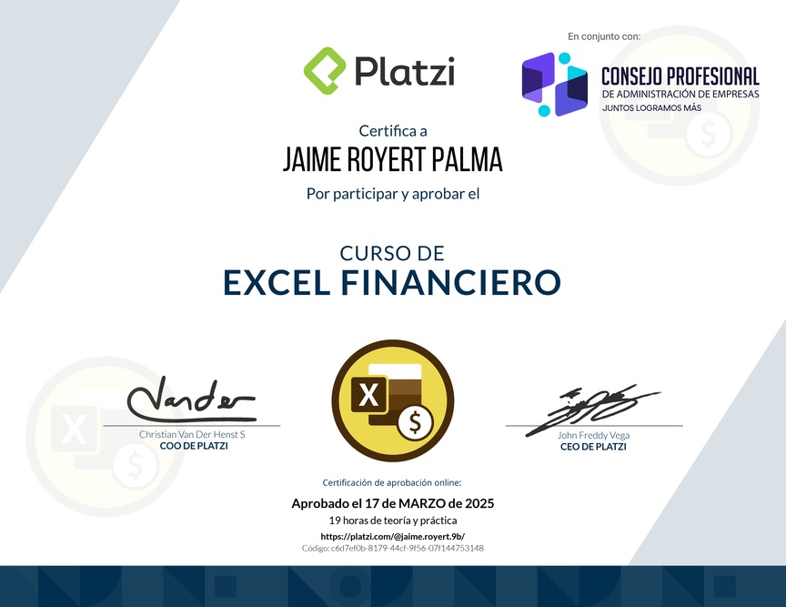 Diploma del Curso de Análisis Financiero en Excel