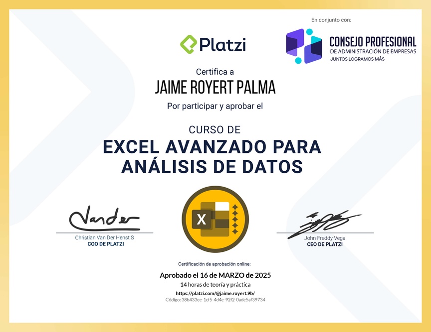 Diploma del Curso de Excel Avanzado para Análisis de Datos