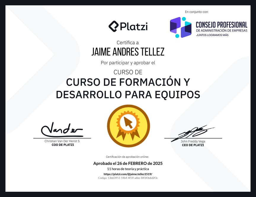Diploma del Curso de Formación y Desarrollo para Equipos