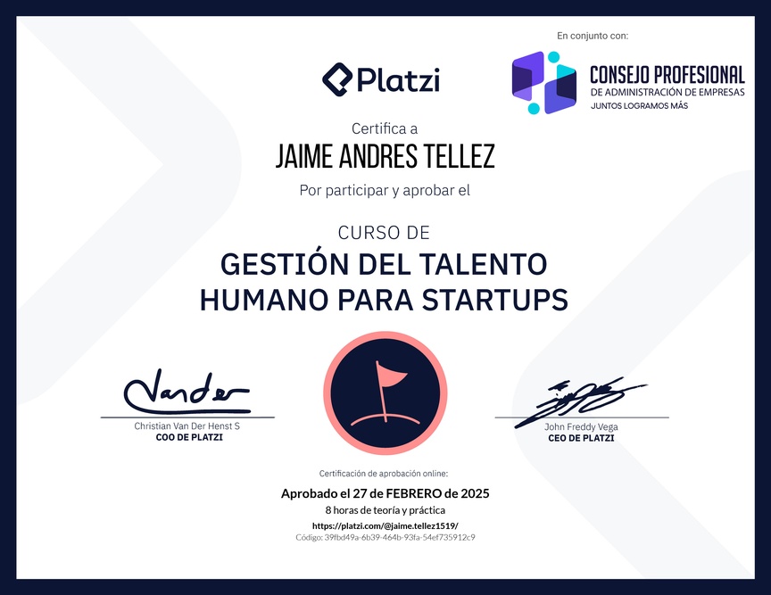 Diploma del Curso de Gestión del Talento Humano para Startups