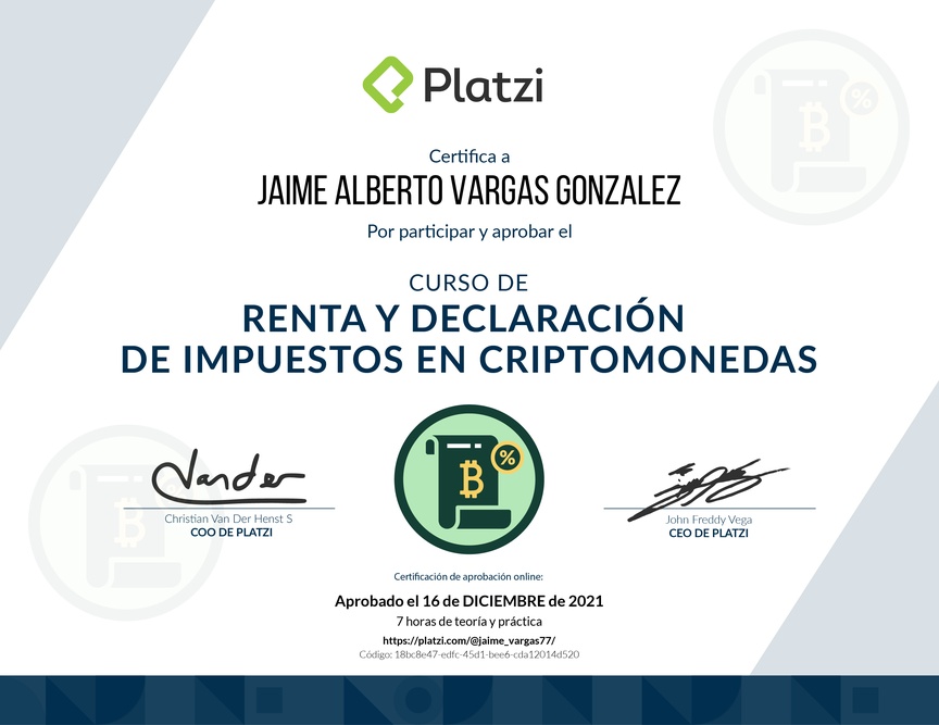 Diploma de Audiocurso de Renta y Declaración de Impuestos en Criptomonedas 2021