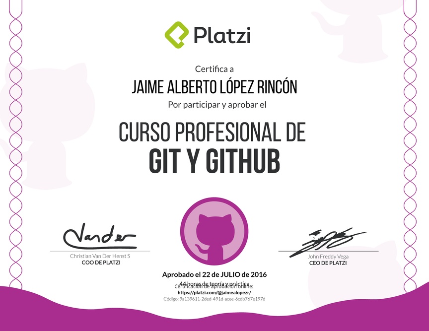 Diploma del Curso profesional de Git y GitHub 2016