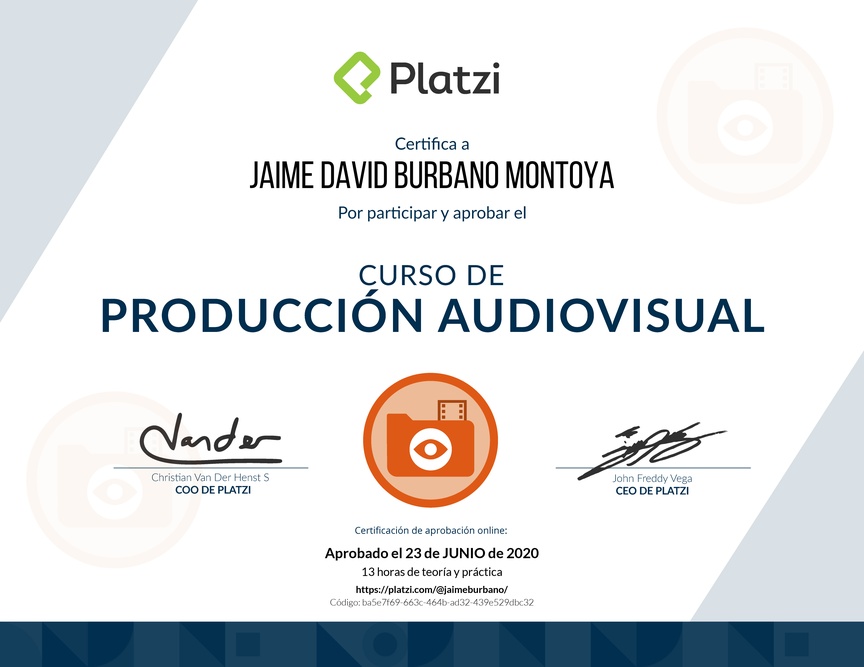 Diploma del Curso de Introducción a la Producción Audiovisual