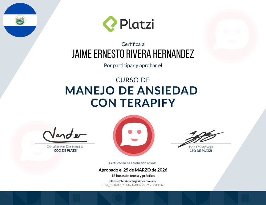 Diploma del Curso de Manejo de Ansiedad con Terapify