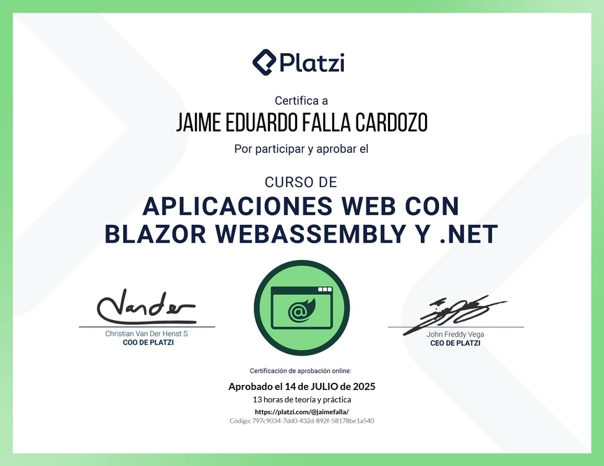 Diploma del Curso de Aplicaciones Web con Blazor WebAssembly y .NET