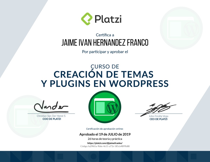 Diploma del Curso de Creación de Temas y Plugins en WordPress