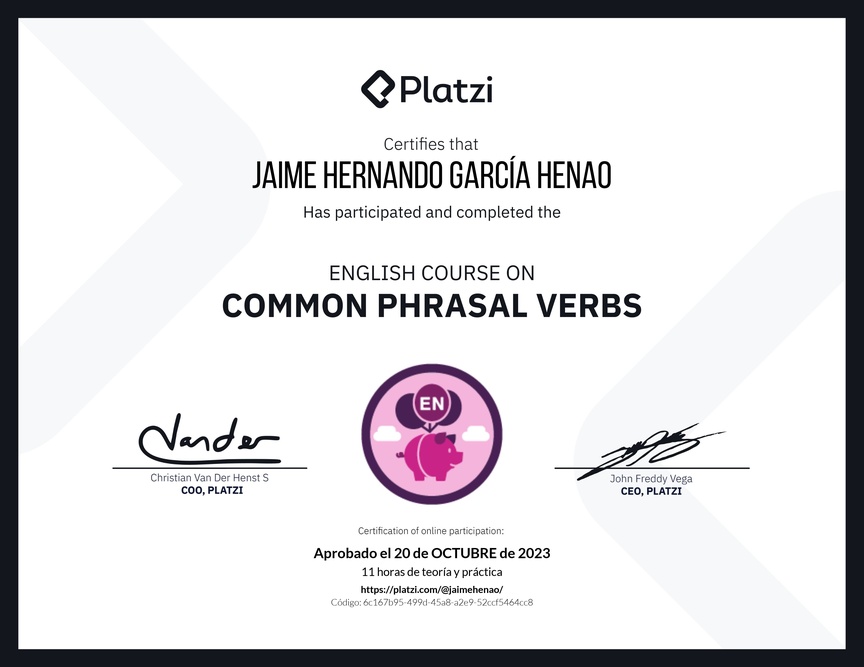 Diploma del Curso de Phrasal Verbs Comunes en Inglés