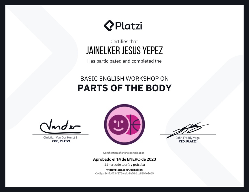 Diploma del Curso de Inglés Práctico sobre las Partes del Cuerpo