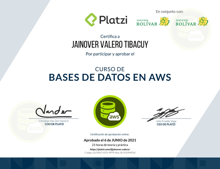 Diploma del Curso Práctico de Bases de Datos en AWS