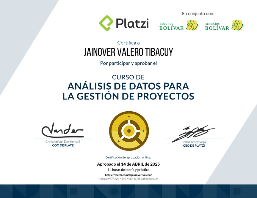 Diploma del Curso de Análisis de Datos para la Gestión de Proyectos