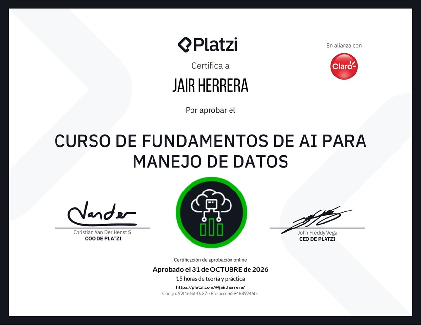 Diploma del Curso de  Fundamentos de AI para Manejo de Datos