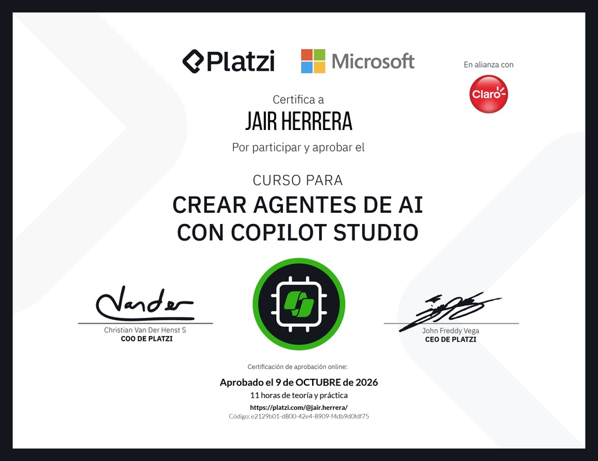 Diploma del Curso Gratis para Crear Agentes de AI con Copilot Studio