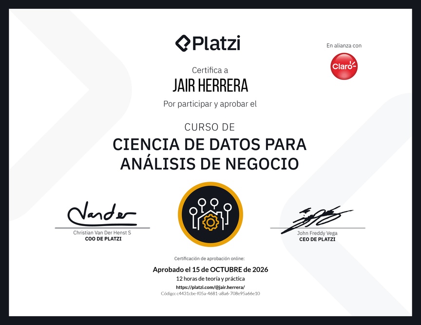 Diploma del Curso de Ciencia de Datos para Análisis de Negocio