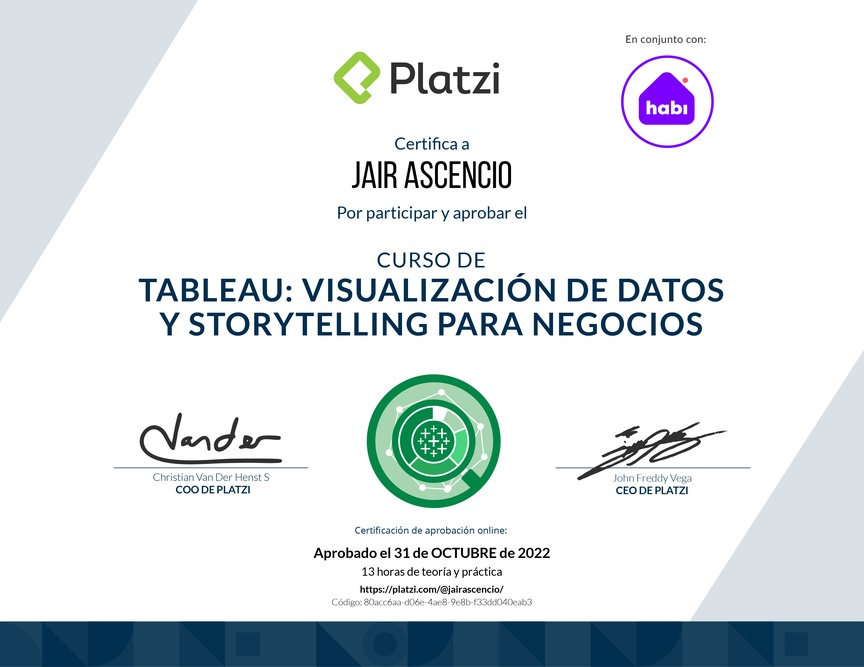 Diploma del Curso de Tableau: Visualización de Datos y Storytelling para Negocios