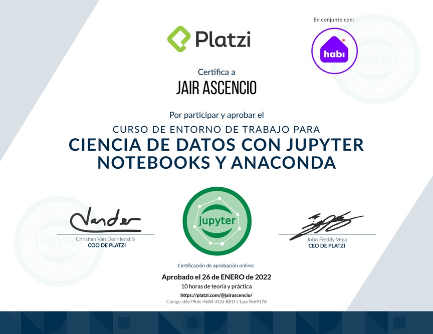Diploma del Curso de Entorno de Trabajo para Ciencia de Datos con Jupyter Notebooks y Anaconda
