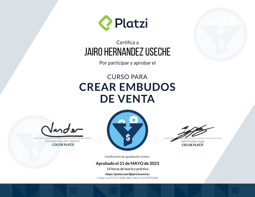 Diploma del Curso de Creación y Optimización de Embudos de Venta (2022)