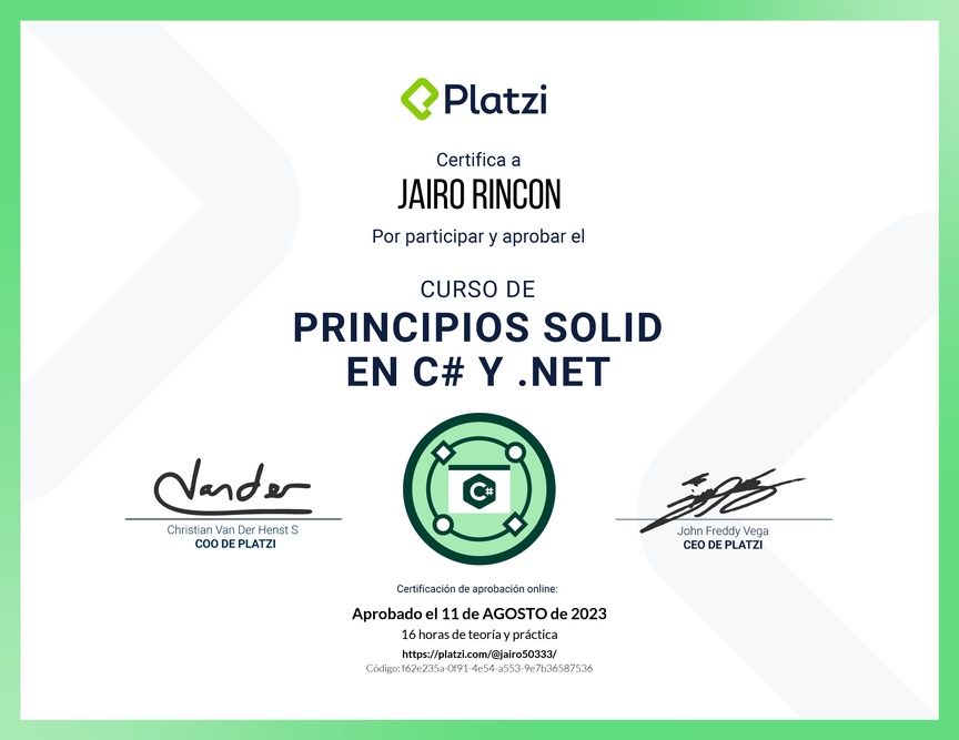 Diploma del Curso de Principios SOLID en C# y .NET