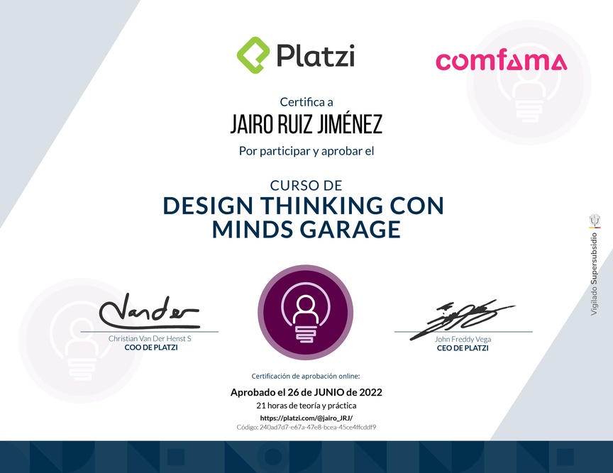 Diploma del Curso de Design Thinking con Minds Garage