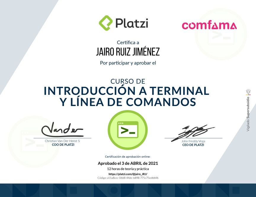 Diploma del Curso de Introducción a la Terminal y Línea de Comandos 2019