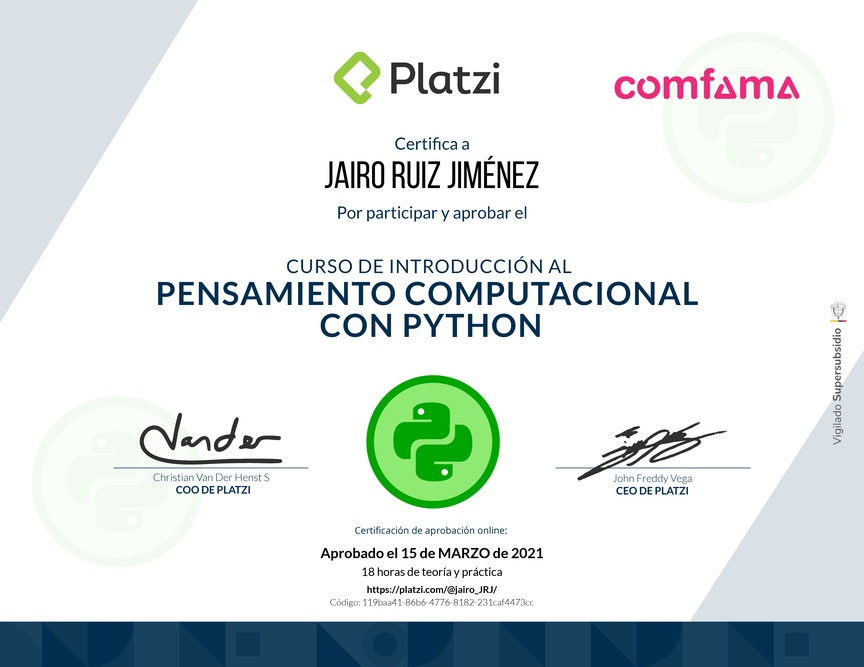 Diploma del Curso de Introducción al Pensamiento Computacional con Python