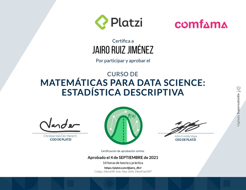 Diploma del Curso de Matemáticas para Data Science: Estadística Descriptiva