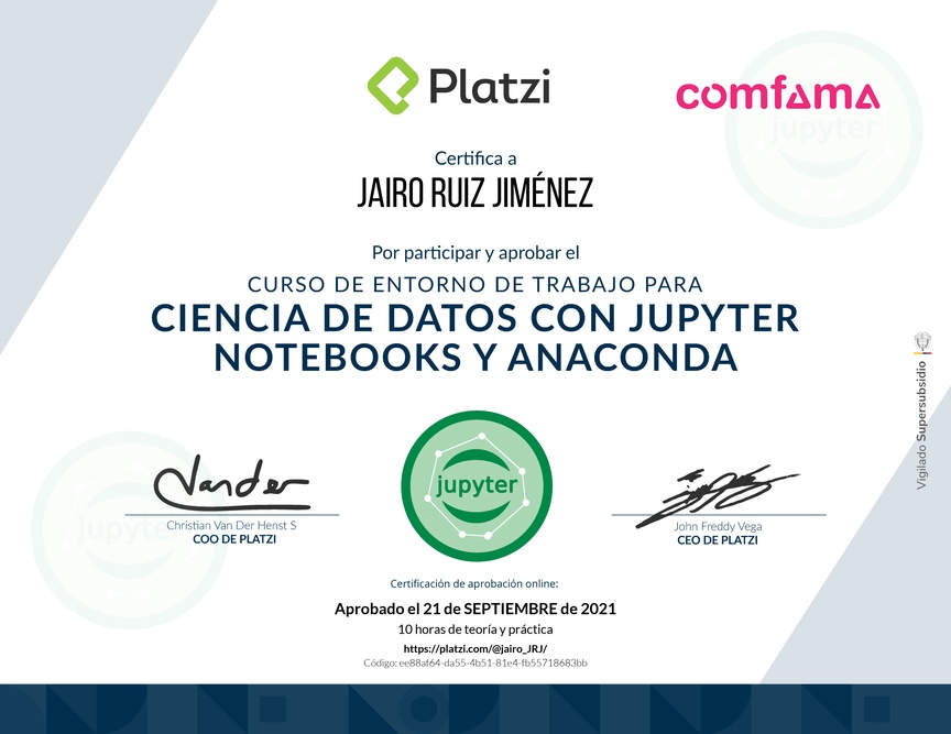 Diploma del Curso de Entorno de Trabajo para Ciencia de Datos con Jupyter Notebooks y Anaconda