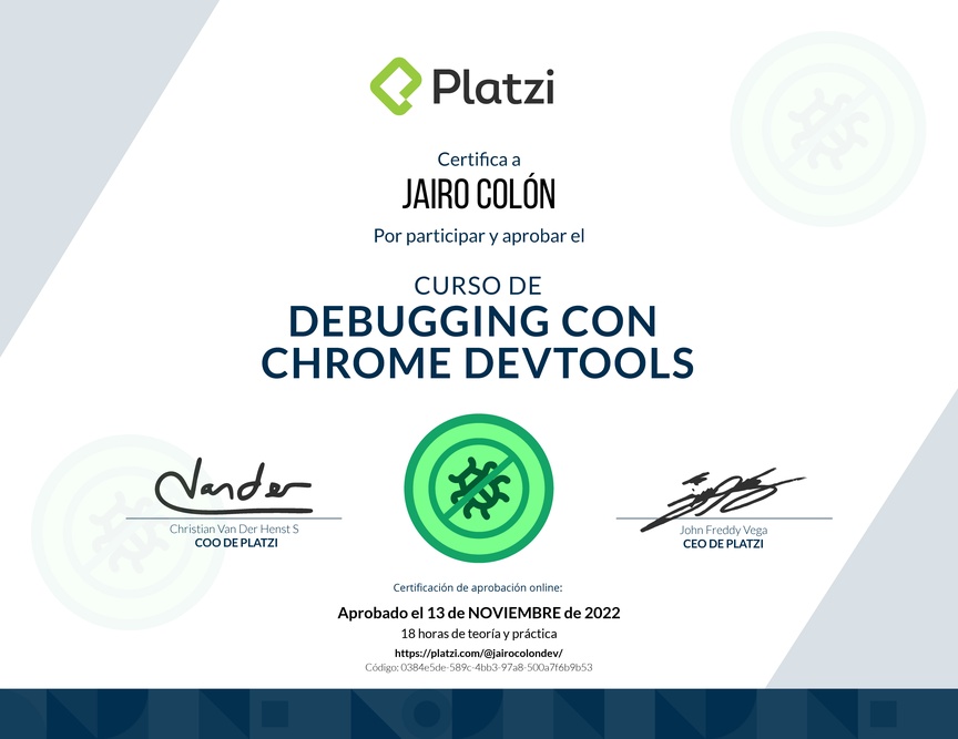 Diploma del Curso de Debugging con Chrome DevTools