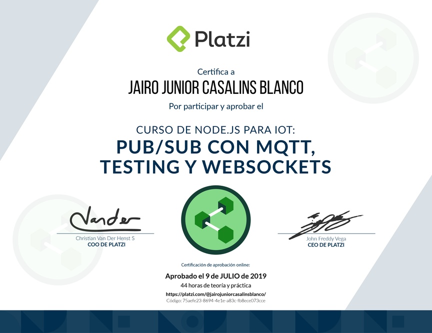 Diploma del Curso de Node.js para IoT: Pub/Sub con MQTT, Testing y WebSockets
