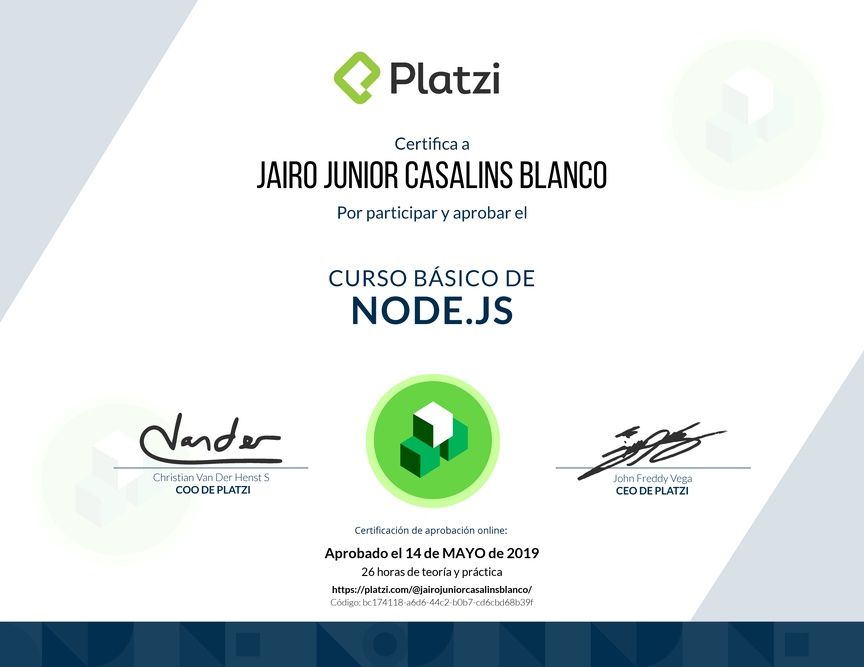 Diploma del Curso Básico de Node.js 2018