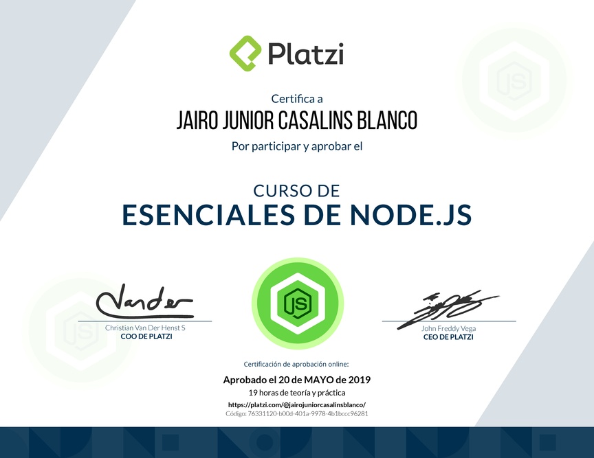 Diploma del Curso de Esenciales de Node.js 2018