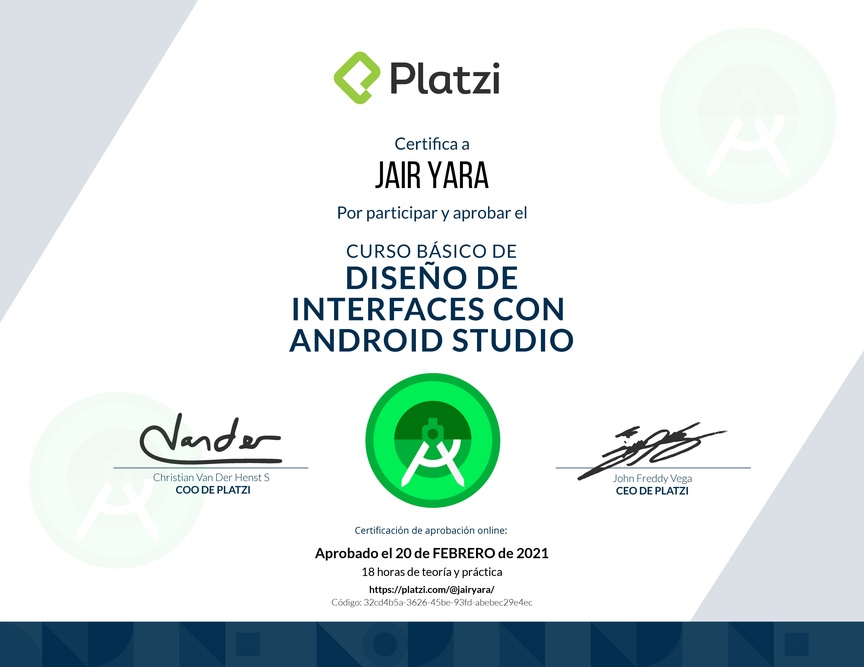 Diploma del Curso Básico de Diseño de Interfaces con Android Studio